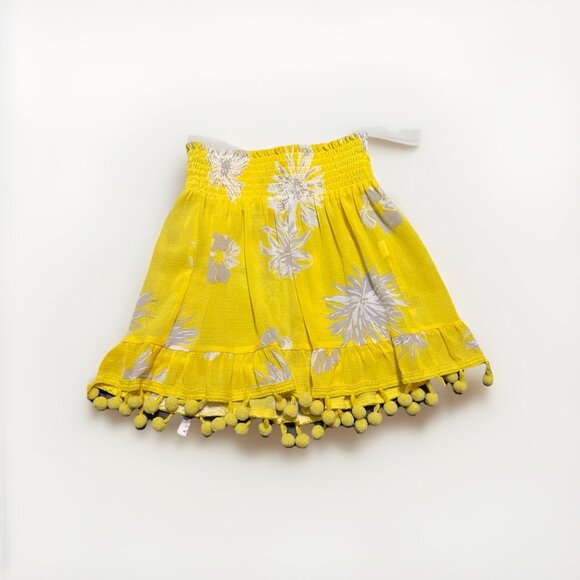 Ramy Brook Stevie Yellow Floral Smocked Mini Skirt Pom Pom Swim Cover-Up Size XS - Picture 2 of 6